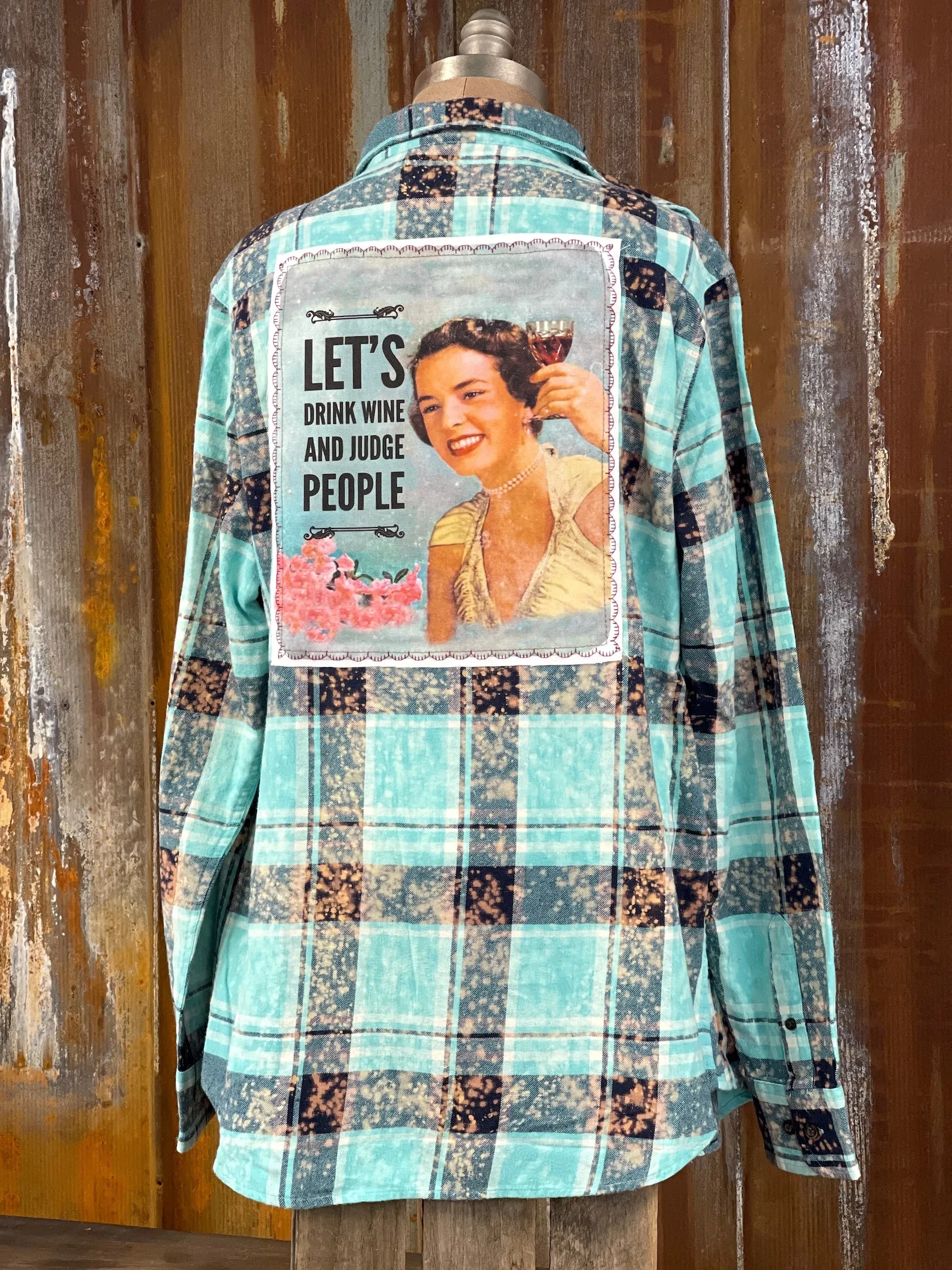 Drink Wine & Judge People Art Flannel- Distressed Seaglass