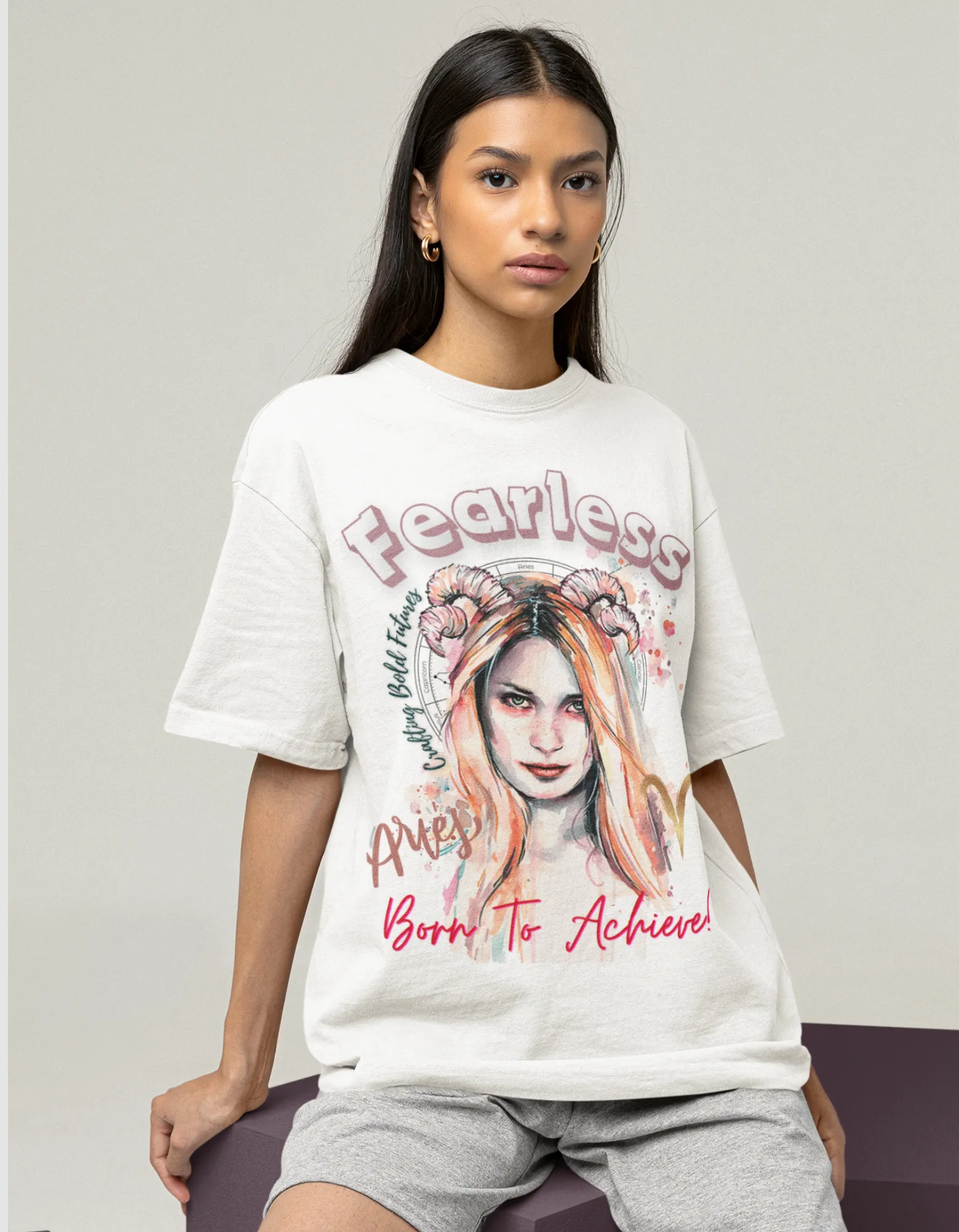 Fearless Aries Graphic Printed Oversized T-Shirt For Women