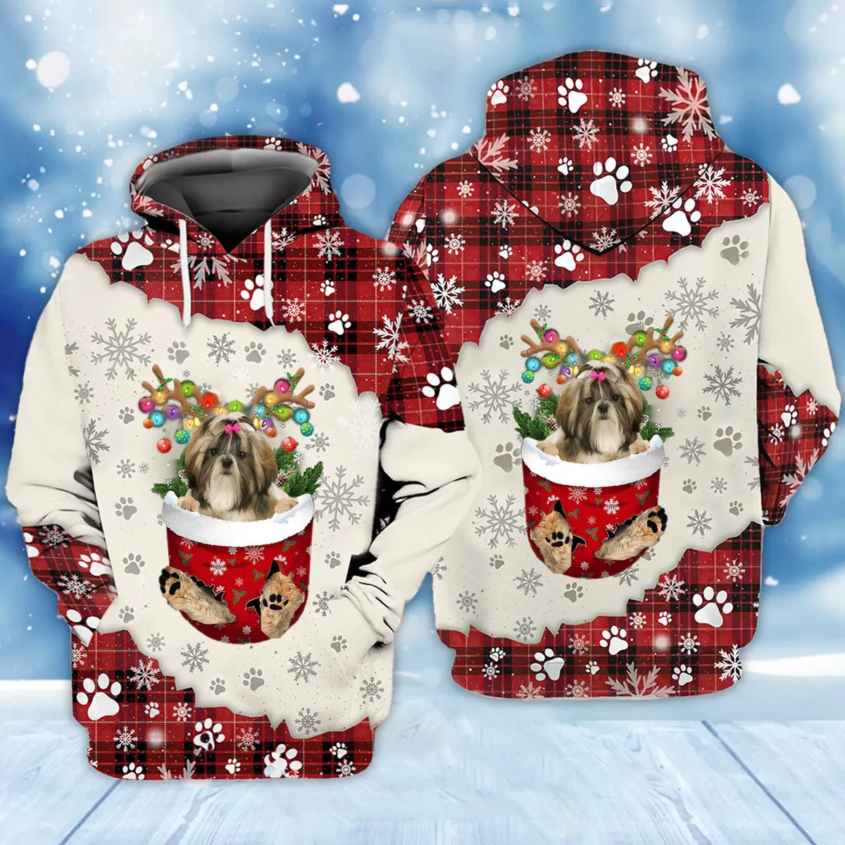 Shih Tzu In Snow Pocket Merry Christmas Unisex Hoodie