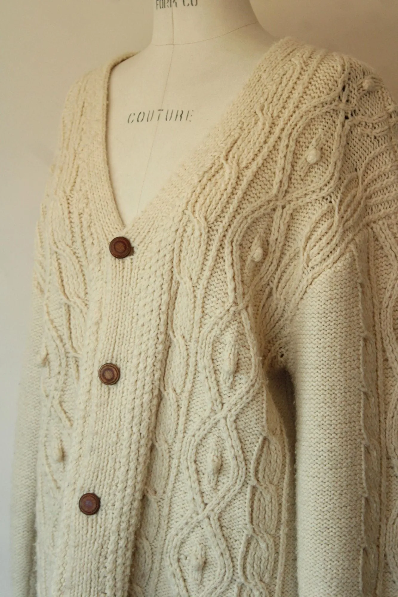 Vintage 1950s Ivory Cable Knit Cardigan with Wooden Buttons