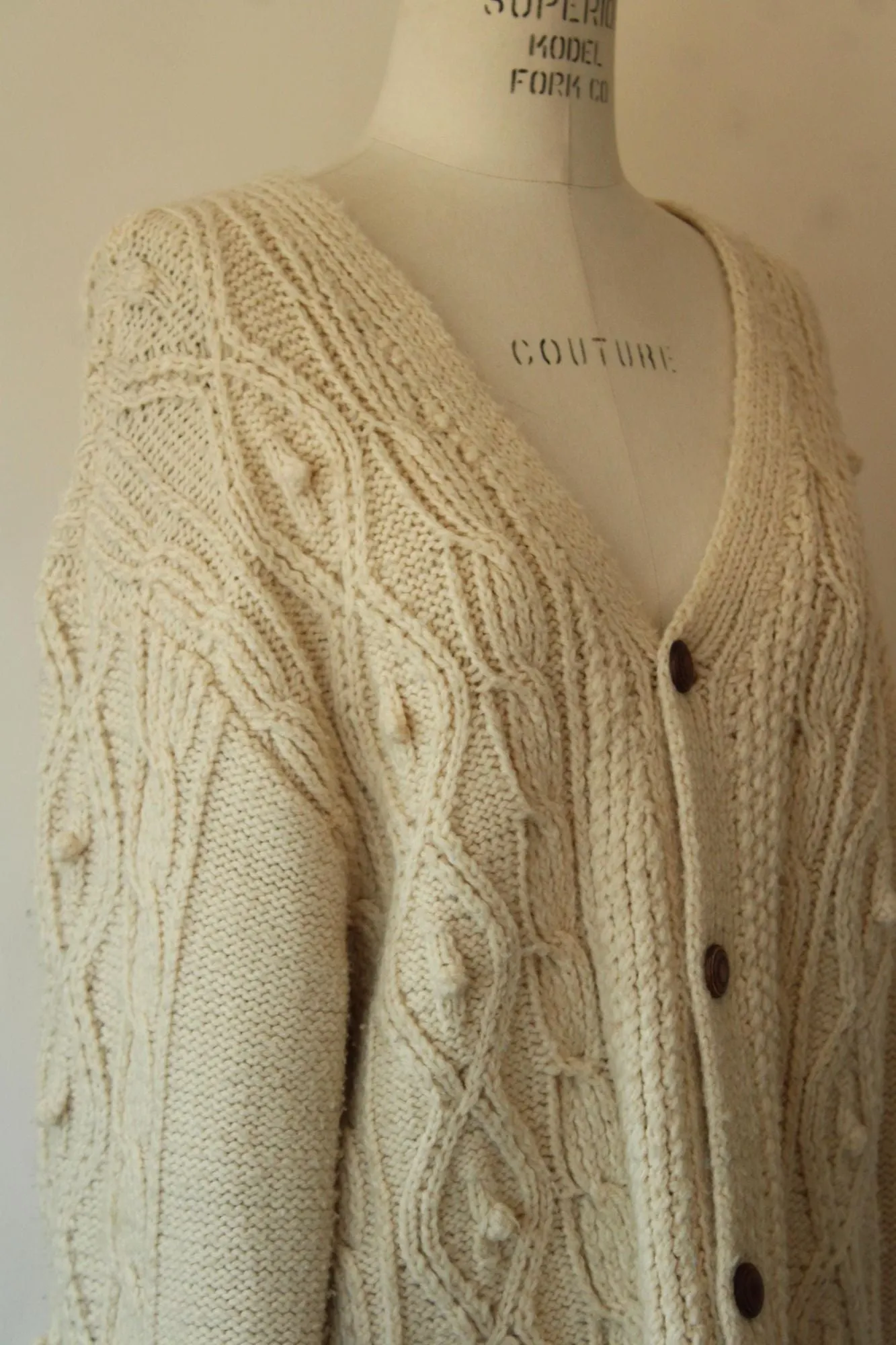 Vintage 1950s Ivory Cable Knit Cardigan with Wooden Buttons