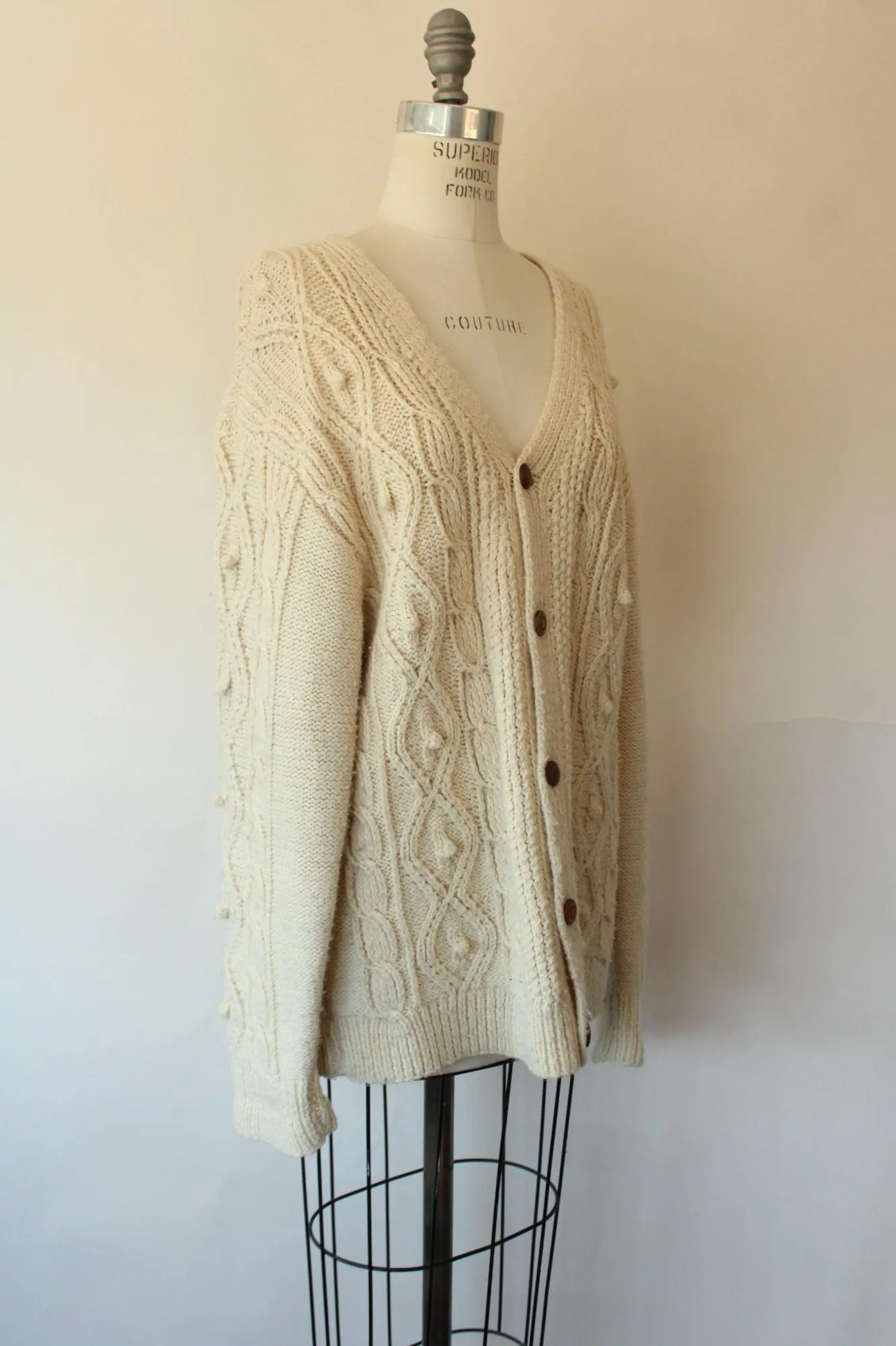 Vintage 1950s Ivory Cable Knit Cardigan with Wooden Buttons