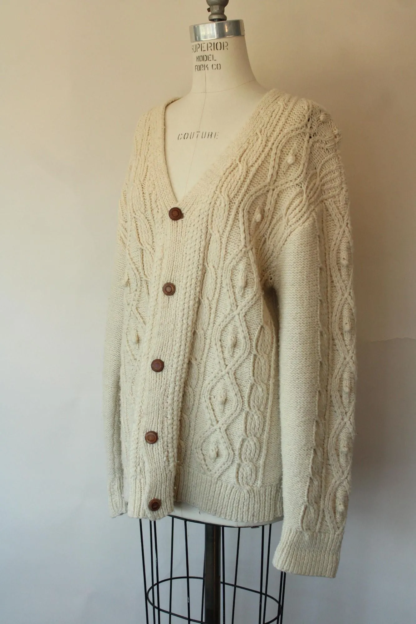 Vintage 1950s Ivory Cable Knit Cardigan with Wooden Buttons